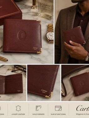 Cartier Burgundy Leather Bifold Wallet with Gold Corners